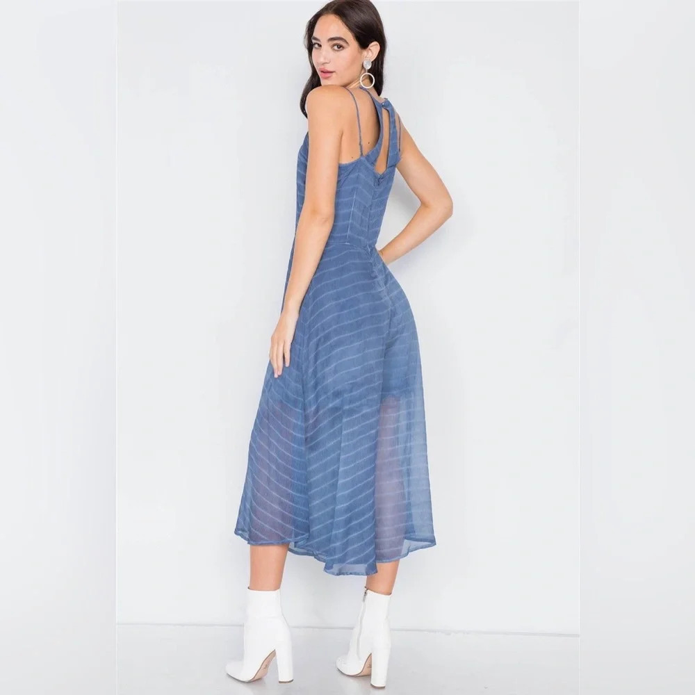 NWT-Indigo Blue Contrast Stripes Sheer Flare Leg Jumpsuit - Picture 7 of 12